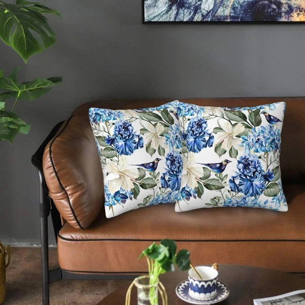 Blue and White Floral Pillow Covers 18X18 Set of 2, Spring Hydrangea Hibiscus Fl