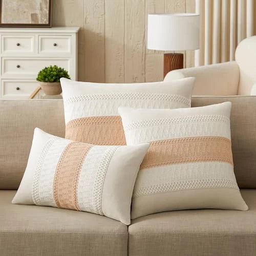 2 Packs Cotton Boho Throw Pillow Covers 20" x 20" (Pack of 2) Contrast/Beige
