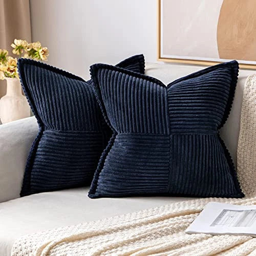 Corduroy Pillow Covers with Splicing Set of 2 18" x 18" (Pack of 2) Navy Blue