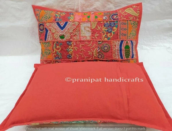 Indian Handmade Patchwork Cushion Vintage Red Throw Sofa Pillow Cover 40x60 cm