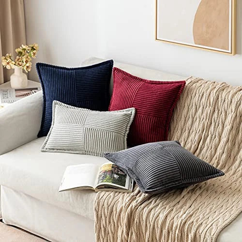 Corduroy Pillow Covers with Splicing Set of 2 18" x 18" (Pack of 2) Navy Blue