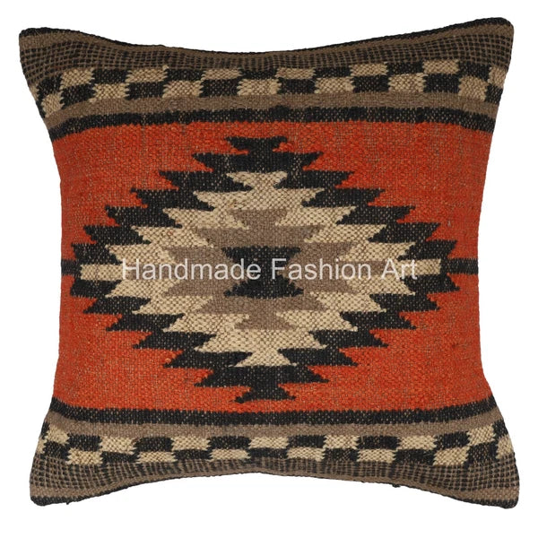 Handmade Jute Throw Kilim Cushion Cover Vintage Jute Rug Pillow Case 40x40 cm