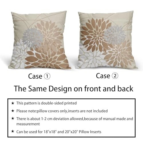 Light Brown Flower Pillow Covers 18" x 18" (Pack of 2) Light Brown Grey White