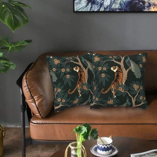 Tiger and Peacock Pillow Covers 18x18 in Couch Pillow Case Sets of 2 Modern