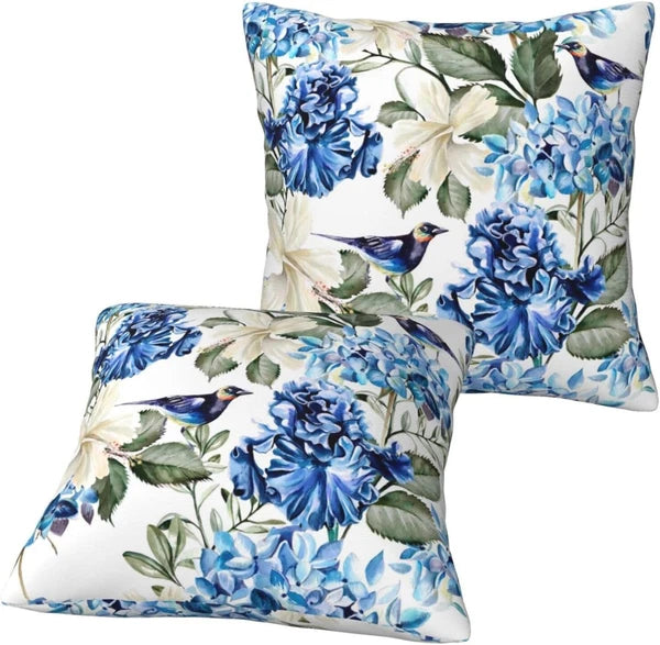 Blue and White Floral Pillow Covers 18X18 Set of 2, Spring Hydrangea Hibiscus Fl