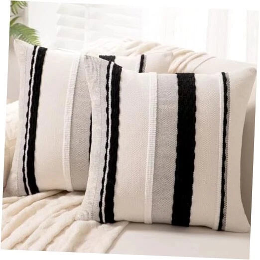Boho Throw Pillow Covers 18x18 Set of 2 18" x 18" (Pack of 2) Black Stripe 2