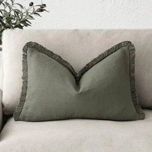Decorative Linen Fringe Lumbar Throw Pillow 20" x 12" (Pack of 1) Olive Green