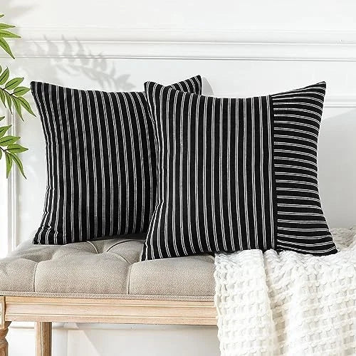 Pack of 2 Striped Patchwork Farmhouse Pillow 20" x 20" (Pack of 2) White Black