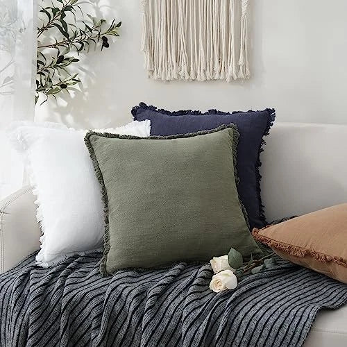 Decorative Linen Fringe Lumbar Throw Pillow 20" x 12" (Pack of 1) Olive Green
