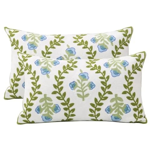 Set of 2 Embroidered Decorative Throw Pillow Covers Couch Blue Floral-lumbar