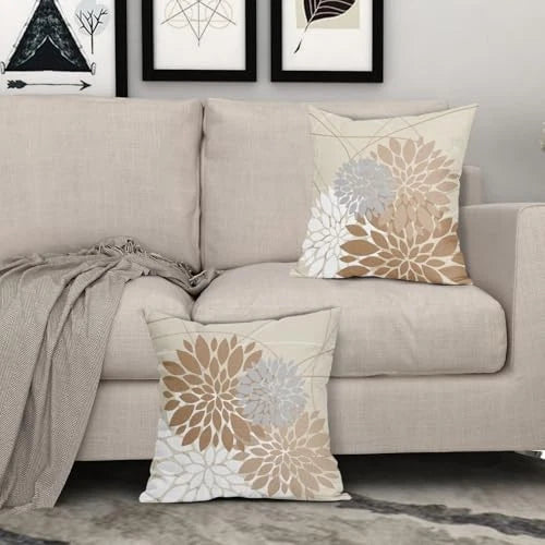 Light Brown Flower Pillow Covers 18" x 18" (Pack of 2) Light Brown Grey White