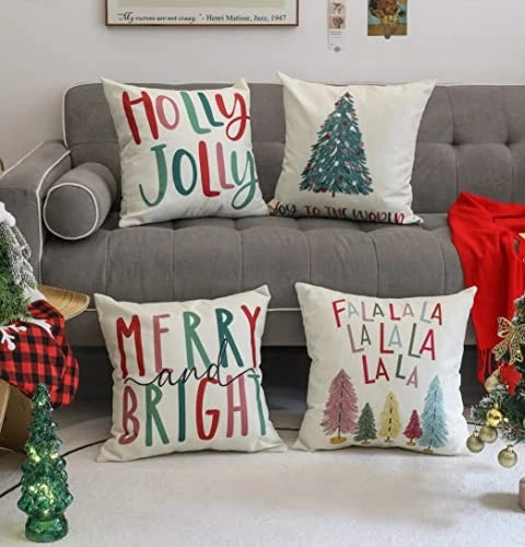 Merry Bright Christmas Pillow Covers Colorful Holiday 20" x 20" (Pack of 4)