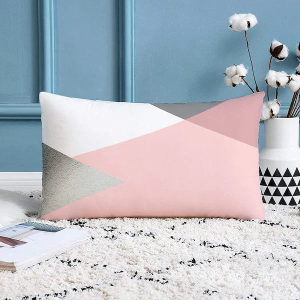 Pink & Grey Geometrical Printed Canvas Cotton Cushion Covers, Set of 2