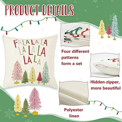 Merry Bright Christmas Pillow Covers Colorful Holiday 20" x 20" (Pack of 4)