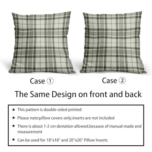 Plaid Pillow Covers 18x18 Set of 2 Grey Cream 18" x 18" (Pack of 2) Sage Green