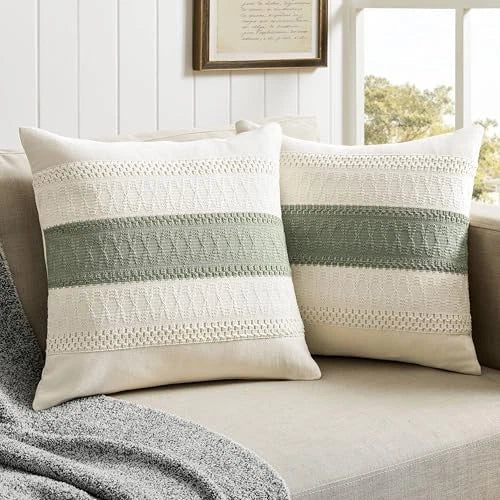 2 Packs Cotton Boho Throw Pillow Covers 20" x 20" (Pack of 2) Contrast/Green