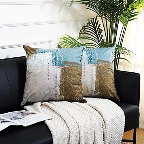 Set of 2 Decorative Pillow Case Throw 18x18 Set of 2 Blue Brown Abstract