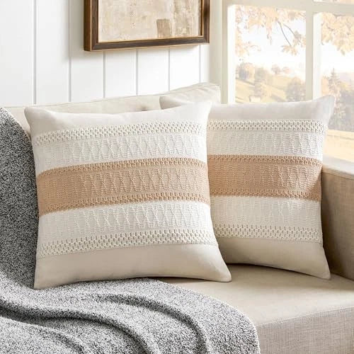2 Packs Cotton Boho Throw Pillow Covers 20" x 20" (Pack of 2) Contrast/Beige