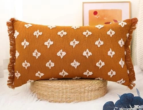 Boho Long Lumbar Pillow Cover 14x20 with 20" x 14" (Pack of 1) Rust Red