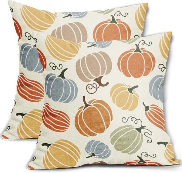 Fall Pillow Covers 20X20 Set of 2 Thanksgiving Themed Blue Yellow Orange Pumpkin