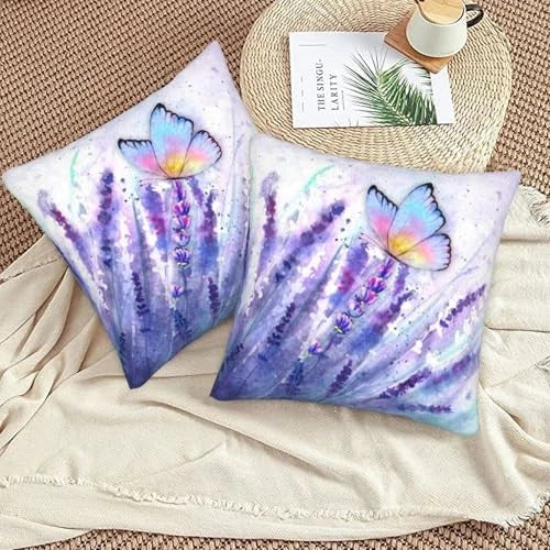 2Pcs Purple Floral Throw Pillow Case, Cute Lavender Purple Lavender Butterfly