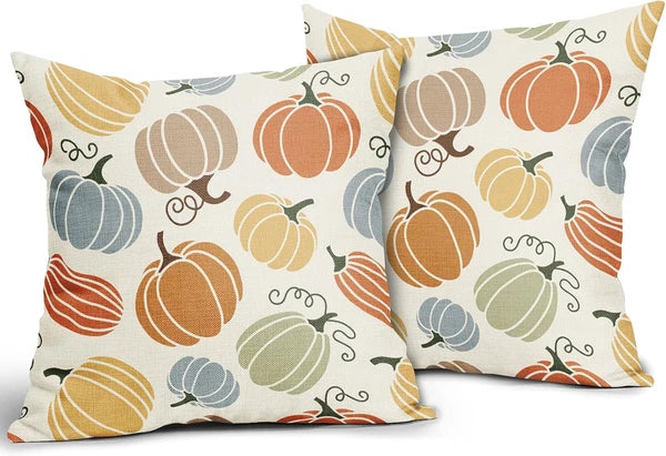 Fall Pillow Covers 20X20 Set of 2 Thanksgiving Themed Blue Yellow Orange Pumpkin