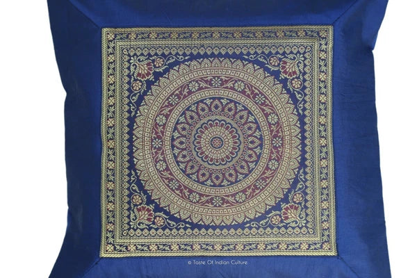 16" Ethnic Mandala Printed Dupioni Silk Brocade Cushion Cover Midnight Blue
