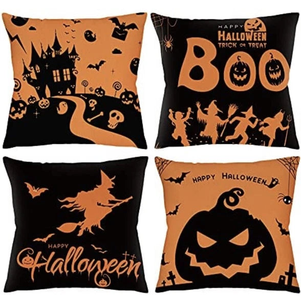 Halloween Set Of 4 Pillow Covers Decorative 18x18 Sofa Bed Chair Witch Pumpkin