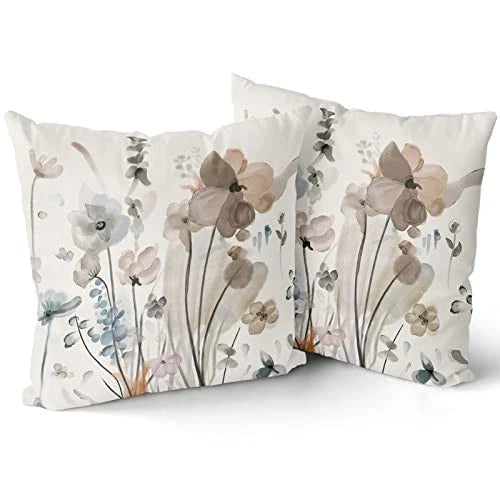 Watercolor Floral Pillow Covers 18X18 in Brown Cream Grey Teal Flower Couch