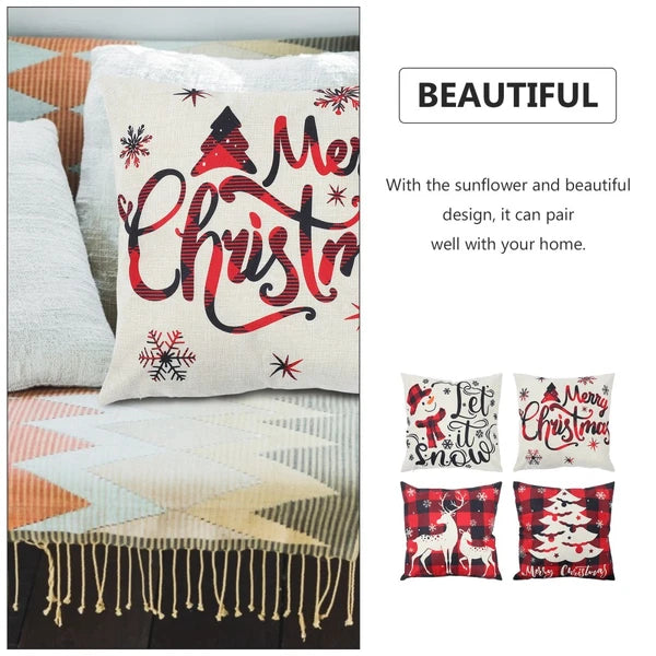 4pcs Christmas Cushion Cover Linen Printed Decorative Pillowcase for Sofa Seat