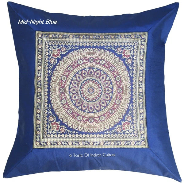 16" Ethnic Mandala Printed Dupioni Silk Brocade Cushion Cover Midnight Blue