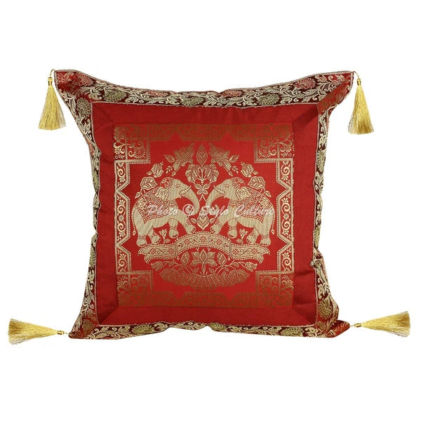 Red Cushion Cover Brocade Jacquard Gypsy Boho Tribal Ethnic Hippie Pillow