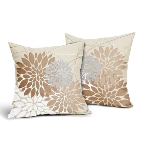 Light Brown Flower Pillow Covers 18" x 18" (Pack of 2) Light Brown Grey White