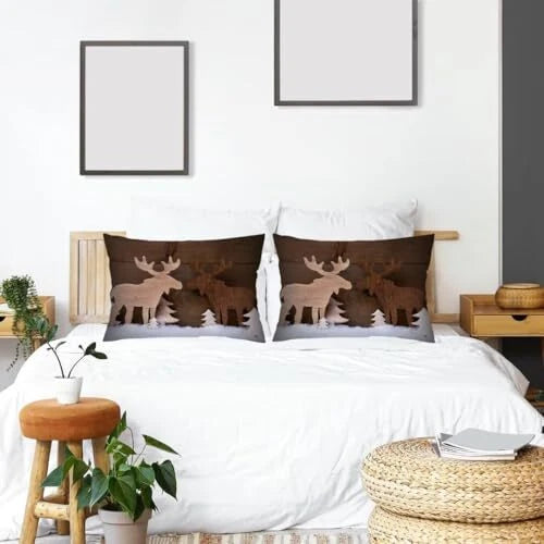 Christmas Throw Pillow Cover Queen Size Set of 2,Moose On White Brown White
