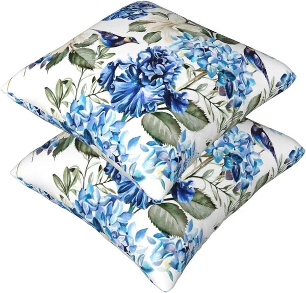 Blue and White Floral Pillow Covers 18X18 Set of 2, Spring Hydrangea Hibiscus Fl