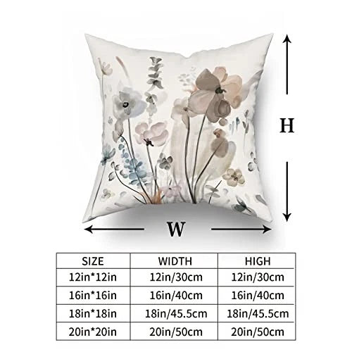 Watercolor Floral Pillow Covers 18X18 in Brown Cream Grey Teal Flower Couch