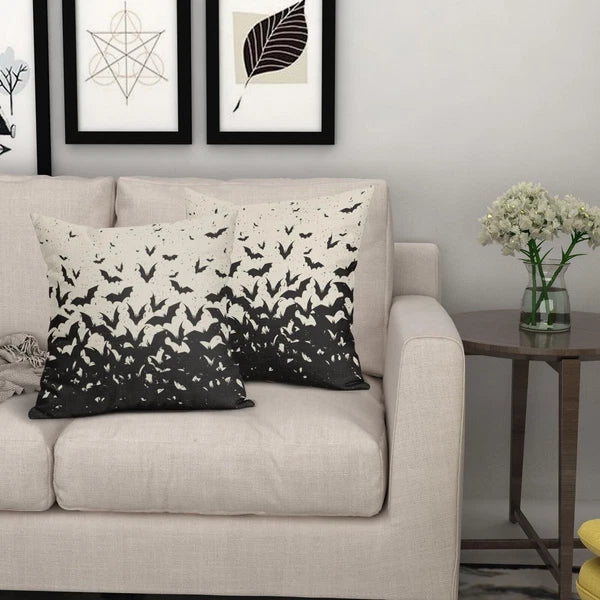 Halloween Bat Pillow Covers 16x16 Set of 2 Black Scary Pattern Print Hallowee...