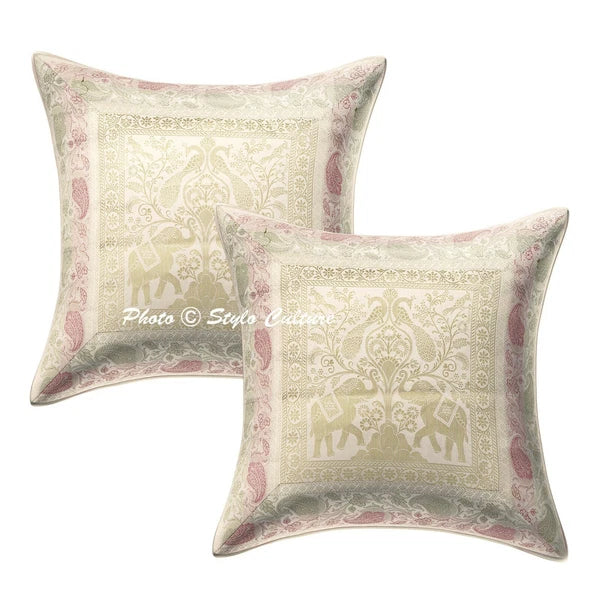 Indian Decor Brocade Sofa Cushion Cover White Decorative Elephant Pillow Cover