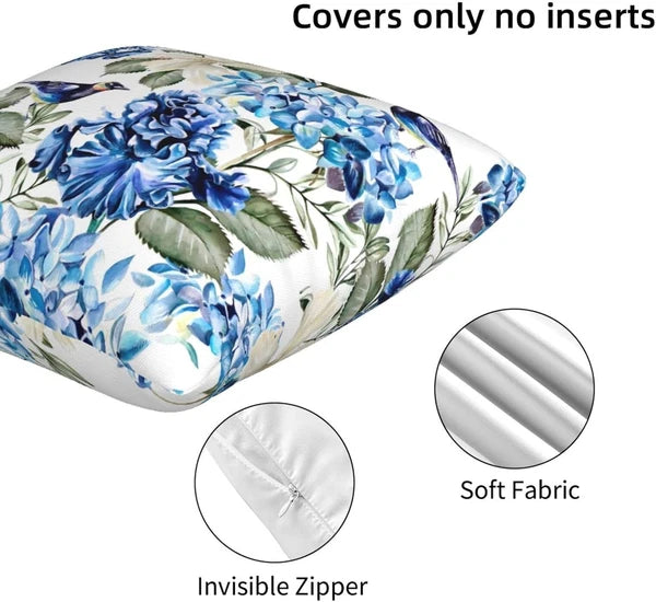 Blue and White Floral Pillow Covers 18X18 Set of 2, Spring Hydrangea Hibiscus Fl