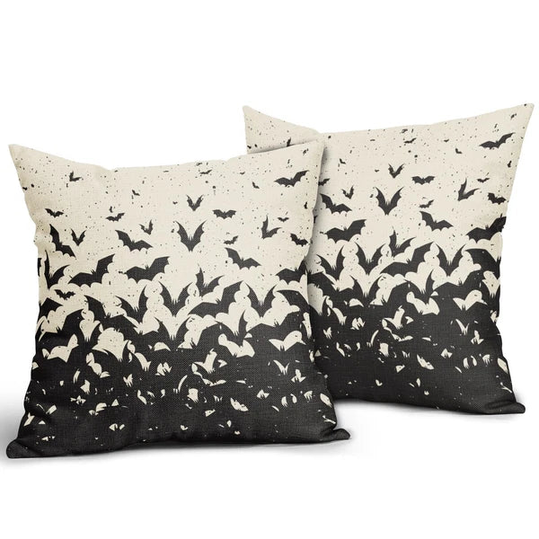 Halloween Bat Pillow Covers 16x16 Set of 2 Black Scary Pattern Print Hallowee...