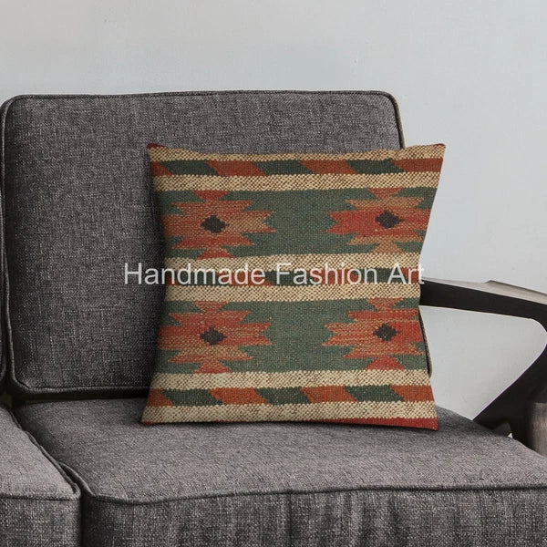 Handmade Kilim Jute Throw Cushion Cover Vintage Jute Rug Pillow Case 40x40 cm