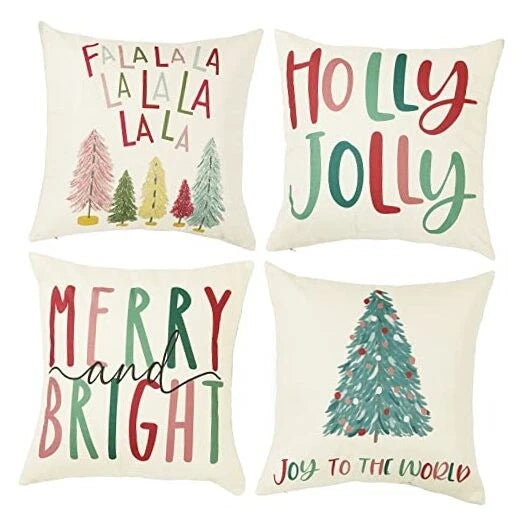 Merry Bright Christmas Pillow Covers Colorful Holiday 20" x 20" (Pack of 4)
