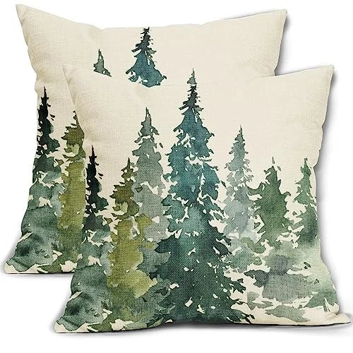 Pillow Covers 16x16 Set 16" x 16" (Pack of 2) Watercolor Dark Green Teal Tree