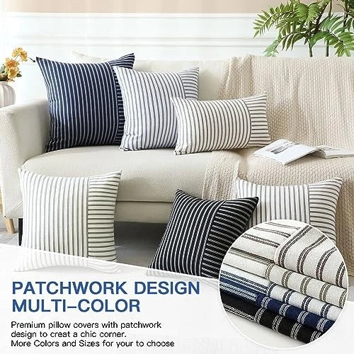 Pack of 2 Striped Patchwork Farmhouse Pillow 20" x 20" (Pack of 2) White Black