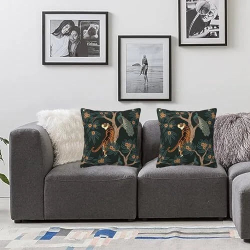 Tiger and Peacock Pillow Covers 18x18 in Couch Pillow Case Sets of 2 Modern