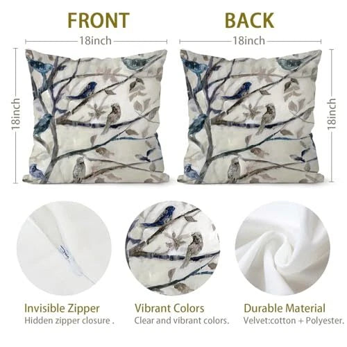 Velvet Vintages Bule Pillow Covers 18 X 18 Inch Set of 2 18"L x 18"W Bird