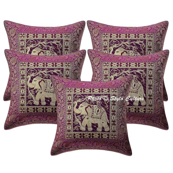 Handmade Brocade Square Cushion Cover Purple Elephant Sofa Pillow Cover