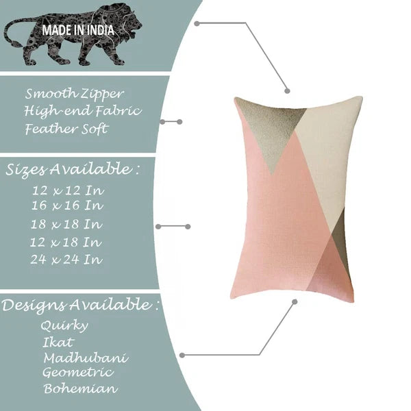 Pink & Grey Geometrical Printed Canvas Cotton Cushion Covers, Set of 2