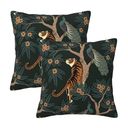 Tiger and Peacock Pillow Covers 18x18 in Couch Pillow Case Sets of 2 Modern