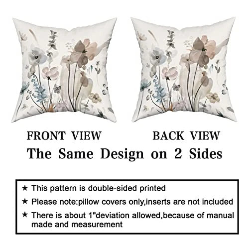 Watercolor Floral Pillow Covers 18X18 in Brown Cream Grey Teal Flower Couch